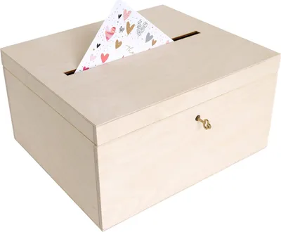 Zdjęcie produktu dla Creative Deco Pudełko na Koperty Ślubne | 29 x 25 x 15 cm | Niemalowane Naturalne Drewno | z Pokrywą i Kluczykiem | Skrzynka na Okazje, Urodziny, Ślub