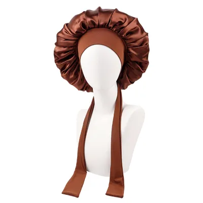 Produktbild von Duschhaube für Damen, Schlafhaube aus Satin, einfarbig, verstellbar, mit Schnürung und Schleife, wasserdicht, hohe Dichte, Damenzöpfe, lockige Nachtmütze, Schönheitssalon-Kappe, Salonhut
