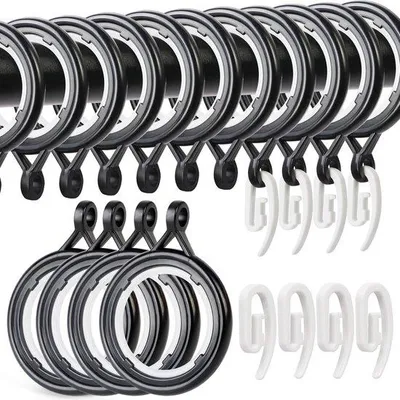 Image de Lot de 32 anneaux et crochets pour rideaux - noir - plastique - 30 mm