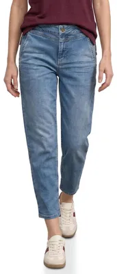 Productafbeelding van Street One high-waist broek met wijde pijpen, model "Barrel Leg", in een losse pasvorm, medium blauw, met een willekeurige wassing, maat 33