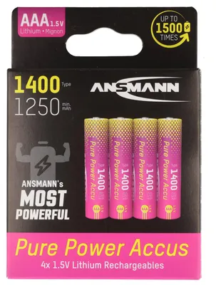 Image de Pile rechargeable Ansmann Pure Power Micro AAA, Li-Ion, 1,5 V, min. 1 250 mAh, typique 1 400 mAh, blister de 4 pièces