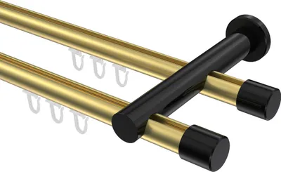 Produktbild von Interdeco Innenlaufstange / Gardinenstange mit Innenlauf Messing-Optik / Schwarz, Typ Platon Santo (Kappe), 20 mm Ø 2-läufig, 220 cm