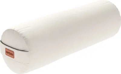 A sand-colored yoga bolster on a white background.