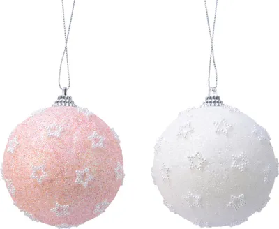 Produktbild von Weihnachtskugeln Kunststoff 8cm Perlen Sterne 12er Set - Rosa / Weiß