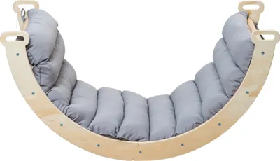 Produktbild von Buxibo Kletterbogen aus Holz mit Kissen, Grau, 78 x 47 x 37 cm \u2013 Montessori Spielgerät, als Schaukel nutzbar, für Kleinkinder zur Motorikförderung.