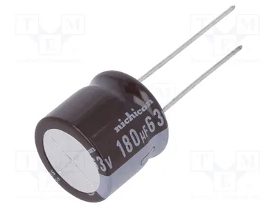 Image de 1 x Condensateur : électrolytique traversant, 180 µF, faible impédance, 63 VDC, UPM1J181MHD6