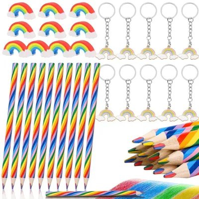 Produktbild von 36tlg. Regenbogenstift Set: 12 Stifte, 12 Radiergummis, 12 Schlüsselanhänger