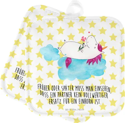 Produktbild von Mr. & Mrs. Panda Topflappen Einhorn Verliebt - Weiß - Geschenk, topfhalter, Unicorn, Ofenlappen, Set, Einhörner, 2er, Liebe, Wolke, Topfuntersetzer, Freundin