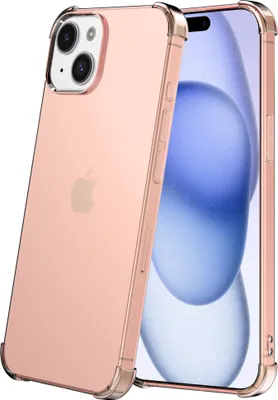 A rose gold iPhone in a transparent protective case is shown diagonally against a white background.