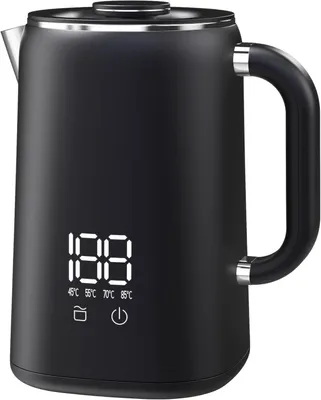 A black electric kettle with a digital display.