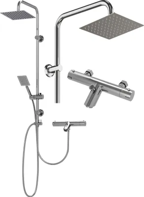 A collection of chrome shower fixtures, including a shower head on a rail, a separate overhead shower head, and a thermostatic shower mixer.