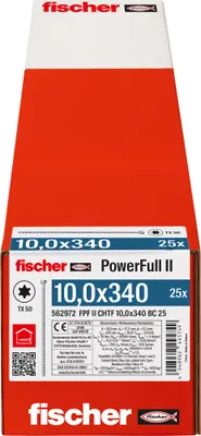 Produktbild von fischer Vollgewindeschraube PowerFull II CHTF 10,0 x 340 BC 25 Zylinderkopf mit Innenstern TX Vollgewinde galvanisch verzinkt, blau passiviert, 25 Stück