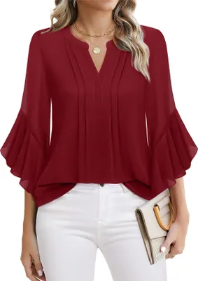 Produktbild von ASKSA Damen 3/4 aermel Bluse Elegant V-Ausschnitt Chiffon Tunika Doppellagig Hemden Tops Shirt Casual Business Locker Oberteil (Weinrot,S)