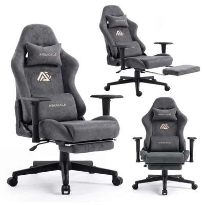 Produktbild von CRELIV -Ergonomischer Gamingstuhl aus Samt mit Massage-Lendenstütze, Fußstütze, 4D-Armlehnen, höhenverstellbar, bis 200 kg, grau