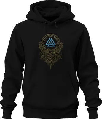 Produktbild von Wotansknoten Runenkreis mit Raben und keltischem Knotenmuster Uni Hoodie Kapuzenpullover, Schwarz, XL