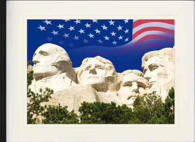 Obrázek produktu pro USA Zarámovaný obraz s paspartou | Wall Art | V rámu - Mount Rushmore National Memorial, Vlajka USA (60 x 80 cm)