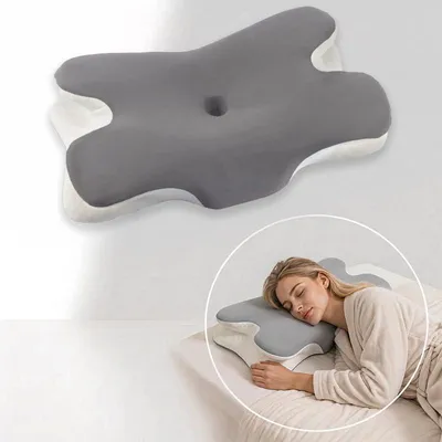 Produktbild von Nackenkissen Memory Foam Schmetterlingsform, ergonomisches Kopfkissen mit zwei Höhen 10 cm und 12 cm, Nackenstützkissen für Seiten-, Rücken- und Bauchschläfer, waschbarer Bezug, Grau