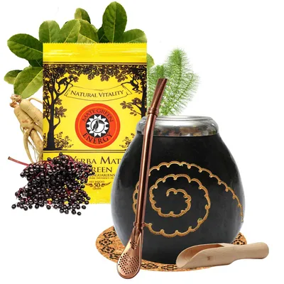 Image de Set de thé Yerba Mate avec calebasse naturelle Caracas noire - Yerba Mate Green Energy 50 g - Bombilla en acier inoxydable