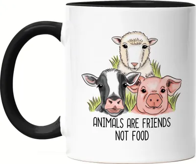 Produktbild von Animals Are Friends Not Food Tasse Schwarz Vegan Vegetarier Plant-Based Geschenkidee Schaf Kuh Schwein Bauernhof