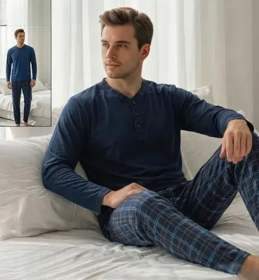 Produktbild von Herren Pyjama Schlafanzug Blau XL Baumwolle Lang M-75