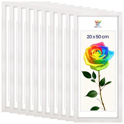 Produktbild von MG Design 10er Set Bilderrahmen 20 x 50 cm - Posterrahmen mit Weiß Echtholzrahmen und bruchsicherem Acrylglas, Hoch & Quer mit stabiler Wandaufhängung