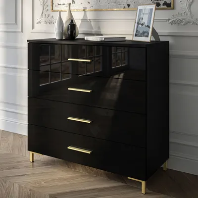 Produktbild von LINA GOLD 95 Komoda černý vysoký lesk se zlatými úchytkami a nohami LED osvětlení