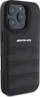 A black iPhone case with the AMG logo and textured grip.