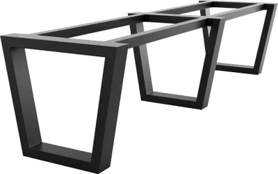 A black metal table base with trapezoidal legs, shown from a diagonal angle against a white background.