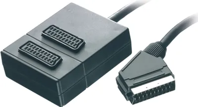 Produktbild von VIVanco™Hochwertige 2fach Scartverteiler, 2x Scartkupplung, 1x Scartstecker, 0,2m Kabellänge, in Schwarz