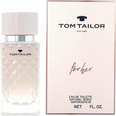 A bottle of Tom Tailor For Her Eau de Toilette and its packaging are displayed side-by-side against a white background.