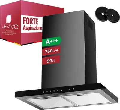 Immagine prodotto di LEVIVO A+++ cofano aspirante 60cm ricircolo e scarico dell'aria con prestazioni d'aria di 750 m³/h, cofano aspirante con 2 filtri a carboni attivi, 2 filtri antigrasso, 3 livelli e booster