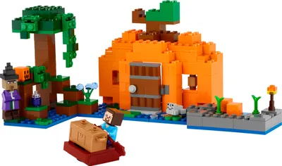 Image de LEGO 21248 Minecraft Pumpkin Farm, une maison à construire à partir d'un biome marécageux, avec une grenouille, un bateau, un coffre au trésor et les figurines de Steve et de la sorcière, un cadeau pour les enfants de 8 ans et plus