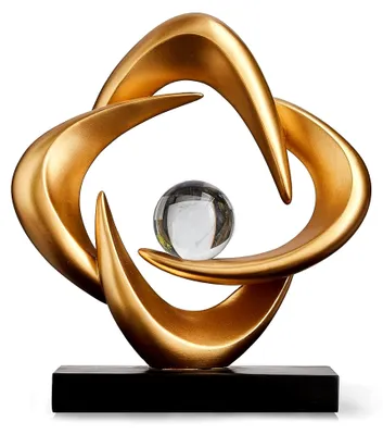 Produktbild von Abstrakte Kunstskulptur aus Kunstharz in Gold, dekorative Statue mit modernen weißen Ornamenten für Wohnzimmer und Büro