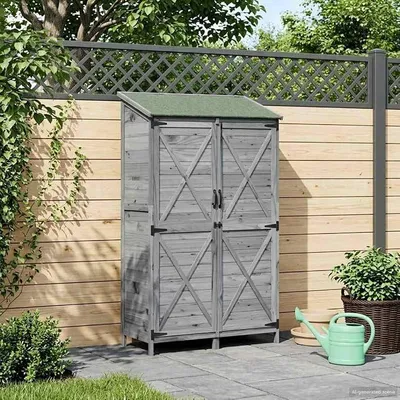 Image de Abri de jardin gris en panneaux de bois composites, dimensions 106 x 56 x 176,5 cm. Abri de jardin résistant aux intempéries, offrant un grand espace de rangement pour outils, tondeuse, vélo et poubelle