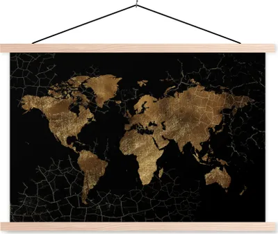 Produktbild von MuchoWow® Textilposter Weltkarte - Marmor - Gold 120x80 cm mit holzfarbenen Rahmen - Aufhängeset