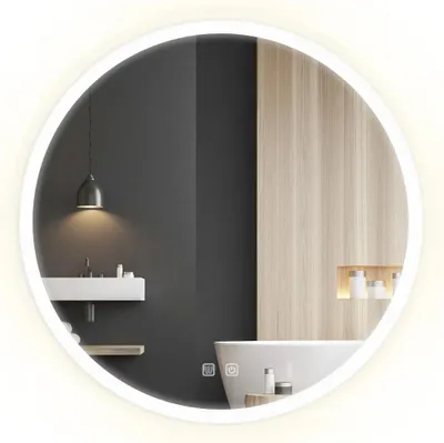 A modern bathroom with a round LED mirror reflecting a sink, bathtub, and wooden wall.