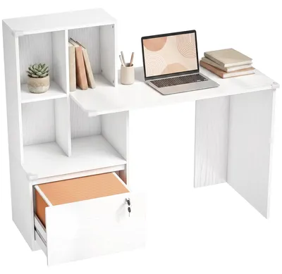 Image de Bureau informatique - Bureau de travail - Étagère avec 4 compartiments - Tiroir verrouillable - 126 x 50 x 109 cm - Aspect bois blanc