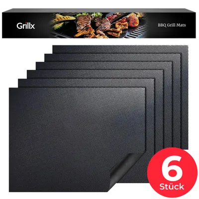 Produktbild von GrillX Barbecue Mat – 6 Stück – Wiederverwendbare Backmatte – 40 x 33 cm – Antihaft-Ofenmatte – BBQ Zubehör – Grillmatte