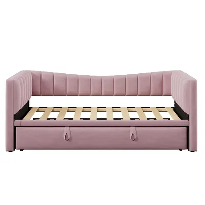 Produktbild von Flieks Schlafsofa Tagesbett 90x200cm mit Ausziehbett 90x190cm, Polsterbett Einzelbett mit Lattenrost, Sofabett Daybed Kinderbett, Samt, Rosa