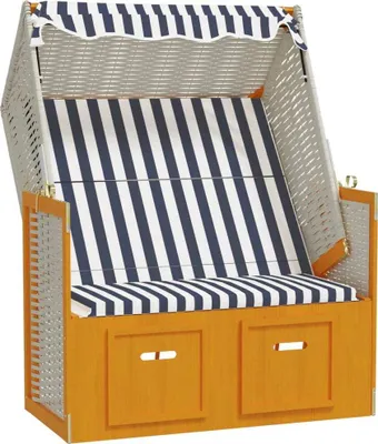 A beach chair with a striped canopy and cushions.