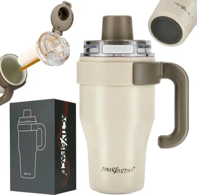 Obrázok produktu pre Termohrnček so slamkou na kávu alebo čaj, nepriepustný, 800 ml - béžový