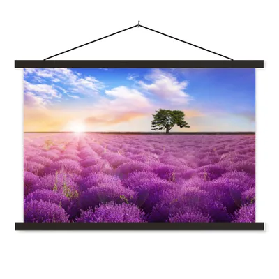 Produktbild von MuchoWow® Textilposter Lavendel - Baum - Sonnenuntergang - Lila 120x80 cm mit schwarzem Rahmen - Wanddeko