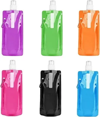 Immagine prodotto di 6 sacchetti flessibili da 500 ml da appendere, ripiegabili con clip, ideali per escursioni e avventure