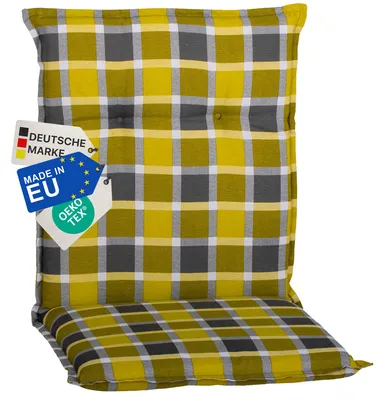 Produktbild von NYVI Gartenstuhl Auflage Niedriglehner Barcelona - UV-Beständig, Atmungsaktiv, Strapazierfähig - Niedriglehnerauflage Sitzkissen Outdoor - Sitzauflagen für Gartenstühle 100x50cm Karo Gelb Grau