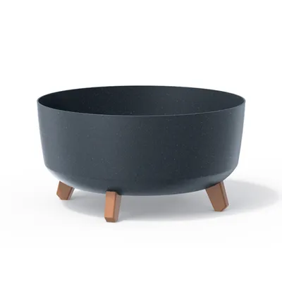 A dark gray planter with three brown wooden legs is shown against a white background.