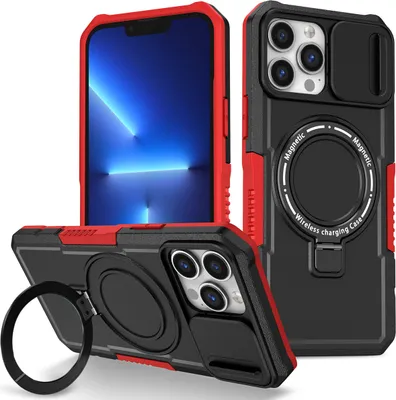 Produktbild von Handyhülle für iPhone 13 Pro Max Kompatibel mit MagSafe, Robuste Hülle mit Schiebe Kamera Schutz, Magnetischer Ringständer Schwarz Rot