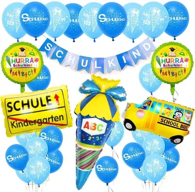 Produktbild von Einschulung Deko Set Jungen - Schulkind Banner Zuckertüte Folienballon Latex Ballons