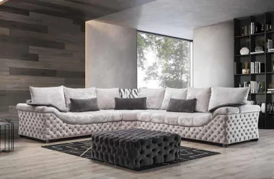 Immagine prodotto di Divano ad angolo Beige Design Divano in legno con tessuto Soggiorno a L Divani Nuovo