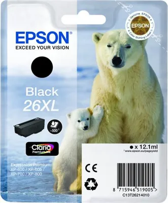 Zdjęcie produktu dla Epson Singlepack Black 26XL Claria Premium Ink, Wysoka (XL) wydajność, Czarny, Tusz na bazie pigmentu, 12,2 ml, 1 szt., 500 stron(y)