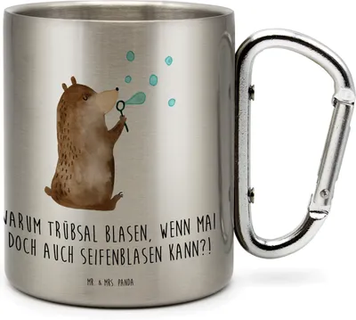 Produktbild von Mr. & Mrs. Panda Thermobecher Bär Seifenblasen - Transparent - Geschenk, Teddy, Lustig Sein Glücklich Traurig Happy, karabiner tasse, Edelstahl, Edelstahlbecher, Teetasse